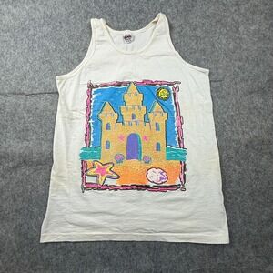 Vintage Signal Mega-Tee Sandcastle Graphic Tank Top Neon Puff Print White Mens L